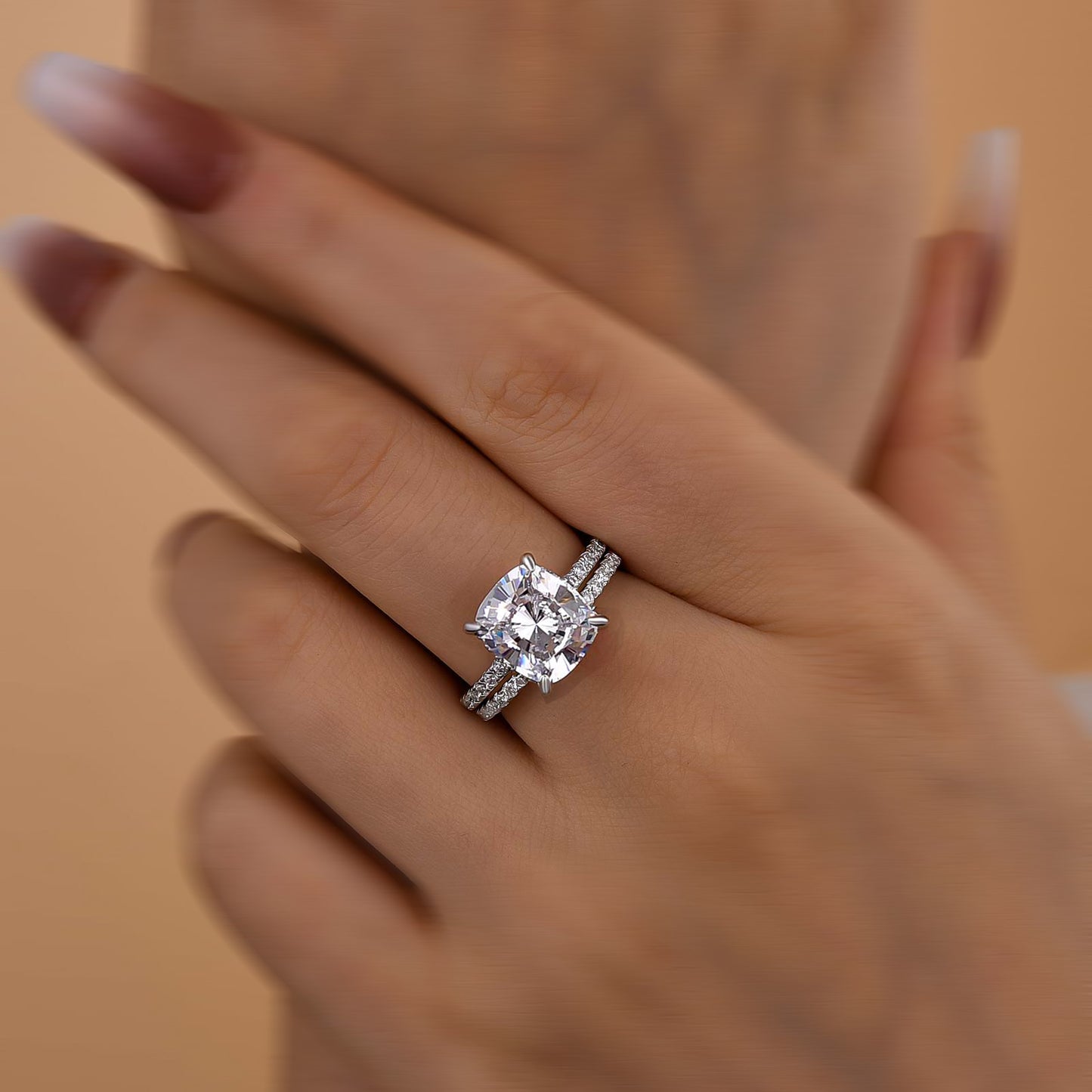 Moissanite ring on hand Cushion Cut moissanite Wedding Set