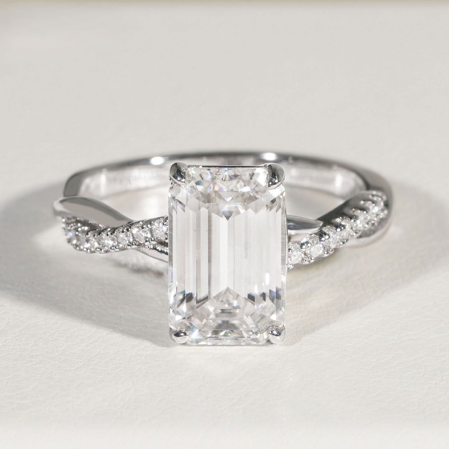 Emerald Cut Sterling Silver ring  Twisted Vine Moissanite Engagement Ring